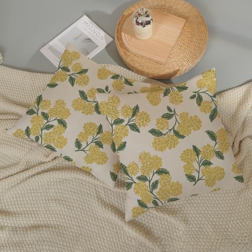 Mustard Yellow Spring Pillow Covers 20x20 Inch 2 Pcs Green Hydrangea Flower Decor Throw Pillows Vintage Floral Seasonal Summer Outdoor Decoration Pillowcase Linen Cushion Cover for Couch Sofa - Image 5