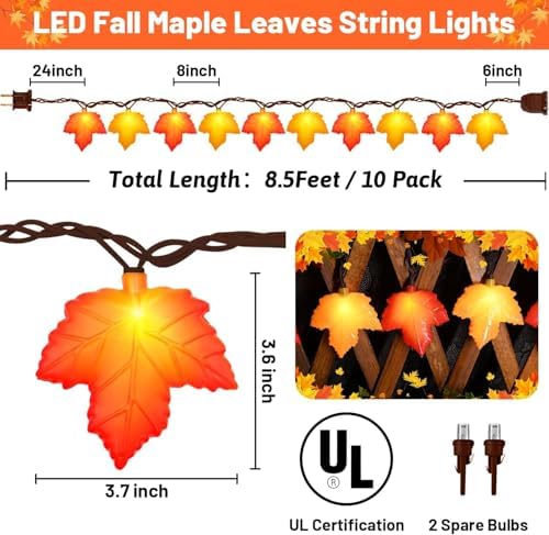Fall Decor - LED Fall String Lights Orange Yellow Leaf Lights, 8.5Ft 3D Leaf String Lights Plug in with 10 LED Bulbs for Indoor Outdoor Home Harvest Party Autumn & Thanksgiving Decorations, 0.07W - Image 2