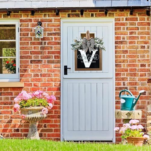 Last Name All Year Round Front Door Wreath with 26 Initial Letter Welcome Sign All Seasons Eucalyptus Garland and Bow ，Farmhouse, Porch, for Spring Summer Fall All Seasons Holiday Halloween Christmas. (V) - Image 3