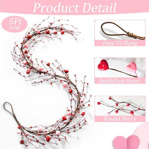 Valentines Day Garland, Pink Red Berry Heart Garland Valentines Day Decorations for Home, 5 Ft Valentine's Decor Centerpieces for Table Mantle Office Party Wedding Decor - Image 3