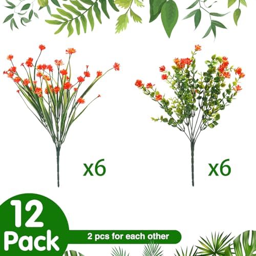 WILLBOND 12 Bundles Artificial Flowers Outdoor, UV Resistant Faux Artificial Plants Shrubs Plastic Flower Bulk for Hanging Planter Porch Window Home Spring Summer Decor(Orange) - Image 2