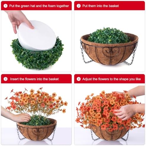 HyeFlora Artificial Flowers with Hanging Basket Planter for Home Decoration, Daisy with Eucalyptus Leaves Outdoor Indoor Garden Yard, Metal Coconut Lining Basket with Faux Plant (Fall-OrangeYellow) - Image 4