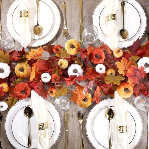 Conelist 2 Pcs Maple Leaf Garland 24 Velvet Pumpkins Orange Farmhouse - Image 5
