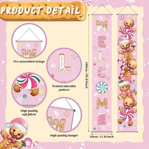Oudain 3 Pack Christmas Pink Gingerbread Christmas Door Porch Banner - Image 2