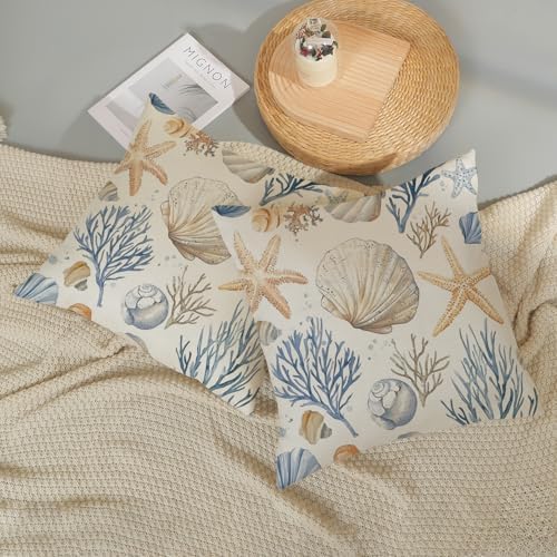 Coastal Pillow Covers 18x18 Inch Set of 2 Blue Ocean Nautical Starfish Pillow Covers Summer Outdoor Beach Coral Shell Decorative Pillow Cases Linen Square Cushion Cover Decor for Couch Sofa - Image 6