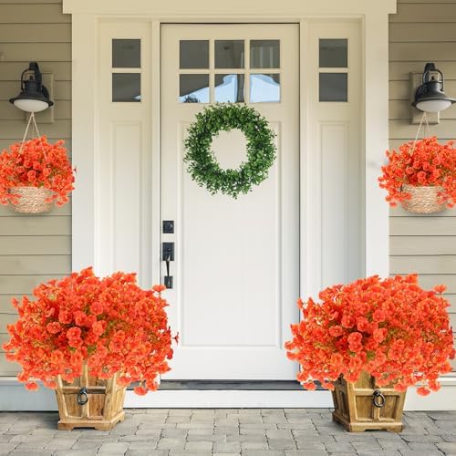 Artificial Flowers for Outdoors 12 Bundles Realistic Faux Plants UV Resistant Fake Silk Morning Glory with Eucalyptus for Front Door Planter Patio Porch Fall Thanksgiving Autumn Decoration (Orange) - Image 2