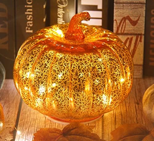 Fall Decorations for Home,Mercury Glass Pumpkin Lights with Timer(Gold) by CFDECORCandlesandHolders