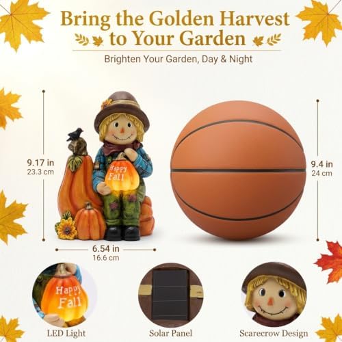 TERESA'S COLLECTIONS Fall Outdoor Decor Scarecrow Pumpkin Solar Resin 9.1" - Image 2