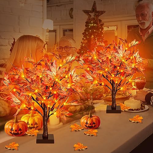 Remon 36 LED Lighted Fall Maple Tree - 1.5FT Thanksgiving Tabletop Lamp Decor with, 72 Maple Leaves, 6 Acorns, Timer Battery Operated 18 Inch Burlap Base Fall Artificial Tree for Autumn Decorations - Image 7
