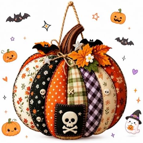 Autumn Retro Patchwork Pumpkin Door Hanging with Lights，I by Vioshon