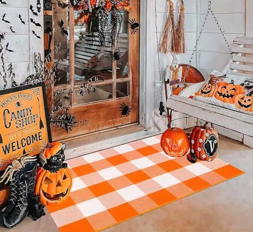 Buffalo Plaid Layered Doormat 24"x35"Orange and White Fall Front Door Mat - Image 4