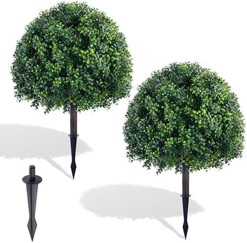 28 Inch Artificial Boxwood Trees, 2 Sets Faux Boxwood Topiary with Spikes, Pot Filler Fake Shrubs Plants for Outdoor Planters, Round Topiary Bush Balls Front Porch Home Garden Spring Decor by Outdoorandindoordecorative