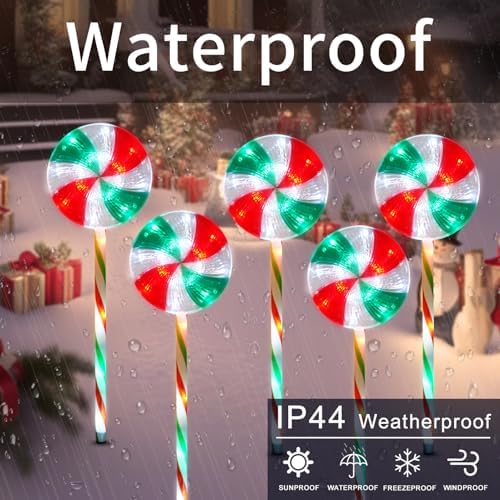BRIGHTDECK Lollipop Solar Christmas Pathway Lights Outdoor, LED Christmas Decor with 8 Lighting Modes, Light Up Solar Stake Lights for Holiday, Xmas (Red Green White, 5Pack) - Image 5