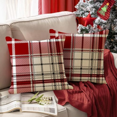 RABUSOFA Christmas Pillow Covers 18x18 Inch Indoor Outdoor Waterproof Set of 2 Buffalo Plaid Striped Holiday Decorative Cushion Cases for Xmas Red Christmas Decor Decorations Couch - Image 4