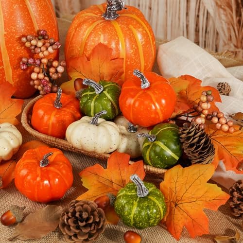 Artmag Pumpkin Decor Set, 25 PCS Fall Artificial Maple Leaves, Harvest Pumpkins, Acorns, Pine Cones and Orange Berry Stems Decorations for Fall Thanksgiving Table Decor - Image 4