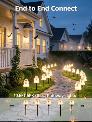 10.5FT Halloween Ghost Pathway Lights, 5PK LED Ghost Stake Lights - Image 4
