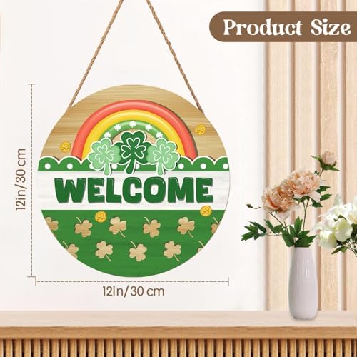 Happy St. Patrick's Day Rainbow Wooden Hanging Sign 12x12 Inch St. Patricks Day Welcome Shamrock Wreath Sign for Front Door Decor,Irish Spring Farmhouse Wood Wreath Indoor Wall Hanging Decoration - Image 2