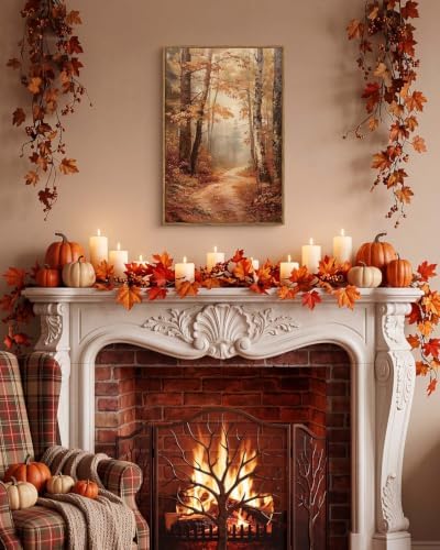 Autumn Forest Framed Canvas Wall Art 16x24 Trees Leaves Trail Artwork, Woodland Path in Fall Colors Landscape Print, Rustic Nature Forest Painting Farmhouse Bedroom Entryway Home Decor - Image 2