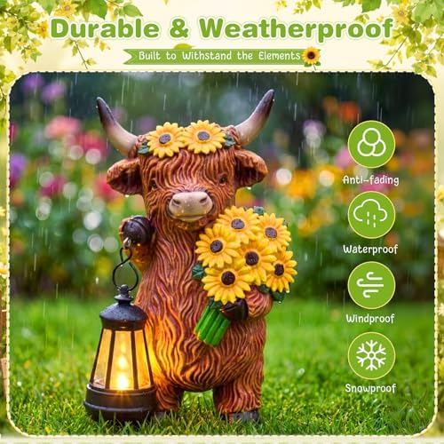 Capoda Solar Highland Cow Statue 8" Garden Resin Highland Cow Figurine Holding Lantern with Solar Lights LED Sunflower Decorations for Table Summer Outdoor Garden Yard Patio Lawn Porch Decor - Image 3
