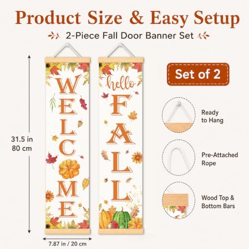 Welcome Fall Door Banner Set of 2, Watercolor Pumpkin Porch Wall Decor - Image 2