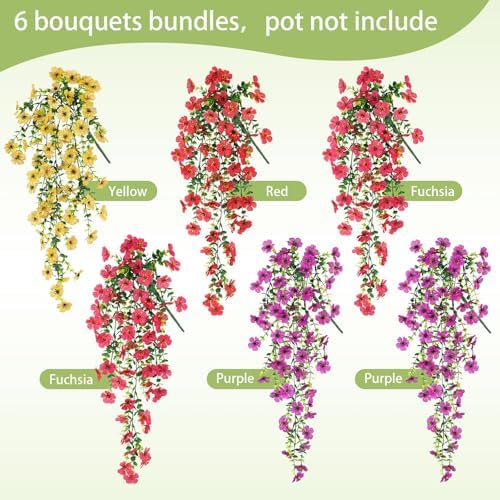 Artificial Hanging Flowers for Outdoors Summer Decor, 6 Bundles UV Resistant Realistic Faux Silk Flowers, Fake Plants for Planter Indoor Outside Garden Porch Patio Balcony Yard Farmhouse - Image 3