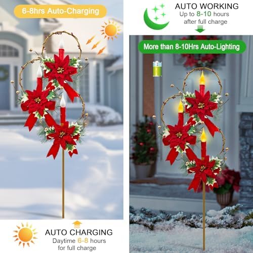 Solar Christmas Decorations Outdoor,Trio Holiday Red Candles Garden Stakes - Image 4