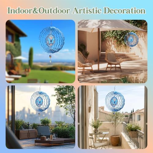 10 Inch 3D Butterfly Wind Spinner with Crystal Pendant, Renyalora Blue Metal Mandala Hanging Spinner, Kinetic Wind Sculpture for Outdoor Yard, Garden, Patio, Balcony Decor - Image 6