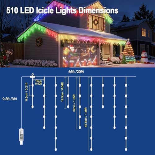 AHAWILL Icicle Lights for Outside,66ft Christmas Lights Outdoor with Dimmable 510LED,IP65 Waterproof,USB Plug in Curtain String Lights with DIY Scene Modes for Party,Roof,Halloween Decor(Multicolor) - Image 5