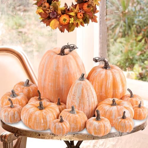 Ywlake 16 Pcs Artificial Pumpkins Fall Decorations, Fake Terracotta Pumpkin for Autumn Harvest Halloween Thanksgiving Faux Pumpkins Home Table Decor (Terracotta) by Ywlake