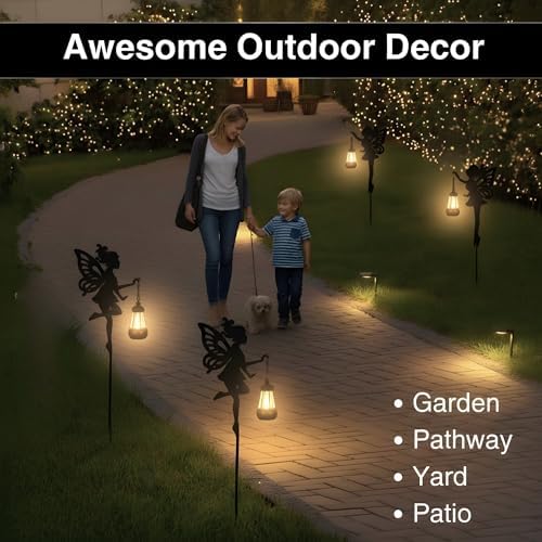 Solar Fairy Garden Accessories Outdoor 1 Pair - Metal Stakes Decorative Figurines Housewarming Ornament for Patio, Lawn, Yard, Pathway - Unique Gift Ideas for Mom Grandma (Warm Lighting) - Image 3