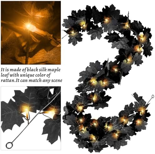 2 Pcs Black Leaf Garland with Yellow Lights, 11.8FT - Image 2