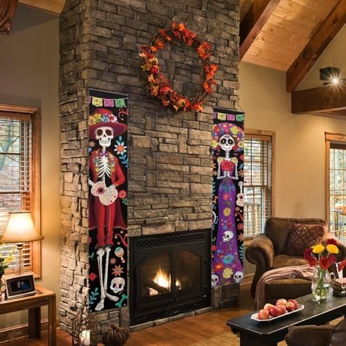 2PCS Day of the Dead Porch Banner Skeleton Couple Hanging Banner Decorations 71 x 12 Inch Front Door Sign Outdoor Decor for Halloween Mexican Festival Party Display - Image 5