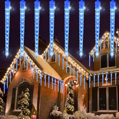 WATERGLIDE 16 Icicles Meteor Shower Lights, 12" Outdoor Icicle Christmas Lights 384 SMD LED Crystal Ice Falling Light, Connectable Raindrop Iciclelight, Xmas Winter Party Tree Holiday Decor, Blue by WATERGLIDE