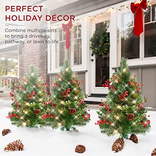 Best Choice Products Set of 2 24.5in Outdoor Pathway Christmas Trees, Battery Operated Pre-Lit Holiday Décor w/LED Lights, Red Berries, Pine Cones - Image 2