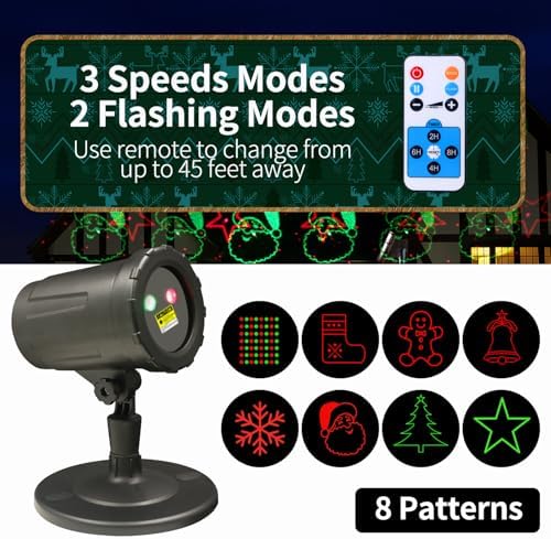 2-Pack Christmas Projector Lights Outdoor Laser Projection with Remote & Bonus Timer – 8 Festive Red & Green Patterns, IP65 Waterproof Xmas Laser Light for Lawn, Garden, Yard & Patio Decorations - Image 3