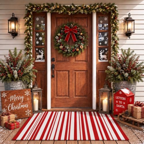 Duraaamo Red and White Striped Rug 2.3' x 3.6' for Christmas Outdoor Decor by Duraaamo
