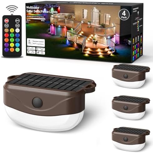 Solar Deck Lights Outdoor 4 Pack, 12 Color Changing Solar Powered Step Lighting with Remote, IP67 Waterproof Led RGB Colors Lamp for Outside Fence, Step, Stair Railing, Wall, Patio, Pool by Unknown