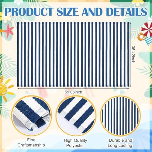 Moucuny 3' X 5' Narrow Navy and White Summer Vertical Stripe Outdoor Rug - Image 3