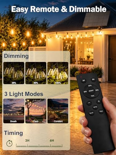 100FT Solar String Lights Outdoor, Dimmable Patio Lights Solar Powered with Remote & USB Port 35+1 LED Shatterproof Bulbs 3 Light Modes, Waterproof Solar Light for Camping Backyard Garden - Image 3