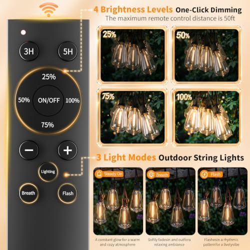 Hotsonic Solar Outdoor String Lights Waterproof, 50FT Remote Control LED Outside Lights with Shatterproof Bulbs, Dimmable Hanging Lights for Patio Porch Garden pergola Yard House Bistro Party decors ﻿ - Image 5