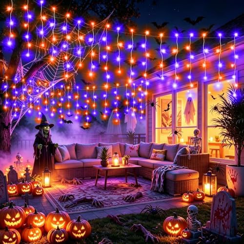 XURISEN 132FT 1280 LED Halloween Lights Outdoor,Orange Purple Halloween String Lights with 240 Drops, 8 Modes Timer Memory Function Hanging Curtain Lights for Halloween Decorations Holiday Party Eaves - Image 3