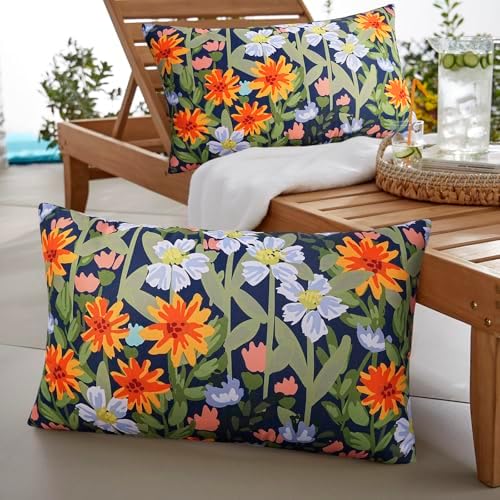 Pyonic Floral Outdoor Lumbar Pillows Covers 12x20 inch Waterproof Spring Summer Decor Outdoor Pillows for Patio Furnture Garden Bench Porch,Navy Blue - Image 6