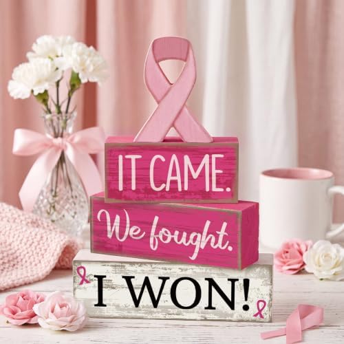 Lineshading 4 Pcs Breast Cancer Wooden Block Signs Farmhouse Decor - Image 2