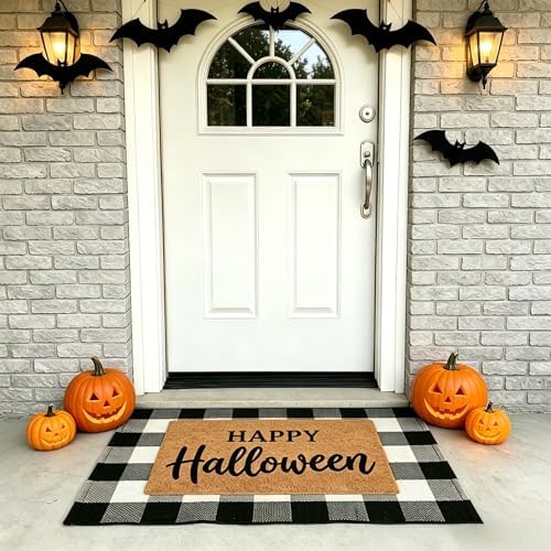SEEKSEE Happy Halloween Decor Doormat Set, Thick Coco Coir Door Mat + Black and White Buffalo Plaid Rug, Outdoor Layered Mat for Front Door Non-Slip Backing Floor Mat for Porch by SEEKSEE