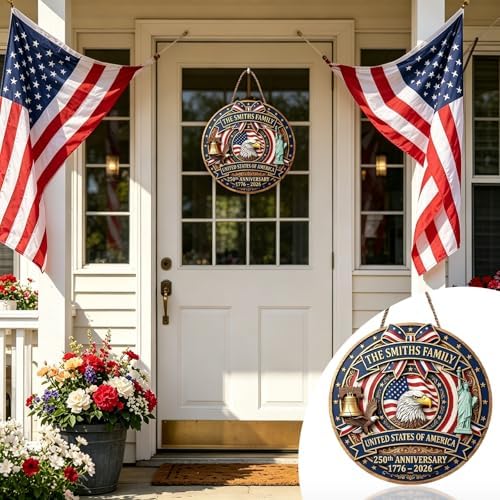 Farmhouse Vintage 250th Patriotic Wood Sign Eagle Flag Round Door Decor - Image 5