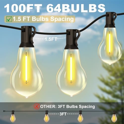 100FT Outdoor String Lights64+4 Bulbs,120W Dimmer Remote IP65 Watterproof - Image 2