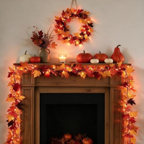 2Pack 9Ft 50 LED Maple Leaf Garland Battery Operated with Timer,8 Modes Waterproof Fall Decorations for Home Fall Garland with Lights for Fall Thanksgiving Table Harvest Home Indoor Decorations by Efunly