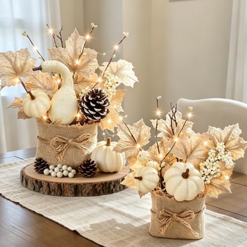 [Light & Timer] Fall Decor 2 Pack Fall Table Centerpieces with 20 LED Tabletop Maple Tree Pumpkin Pinecone Berry Branch Arrangement, Fall Decorations for Home Kitchen Halloween Thanksgiving by Grandeal