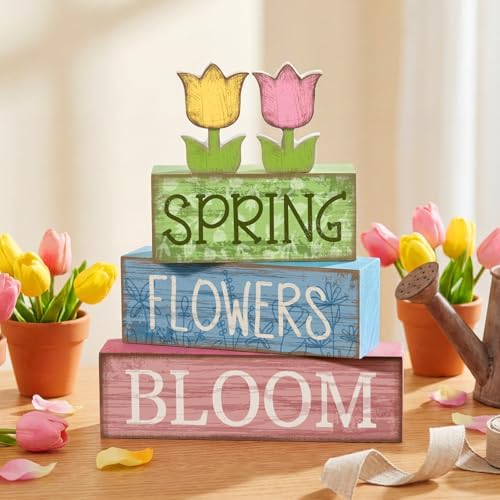 Moucuny 4 Pcs Spring Wooden Block Signs Farmhouse Table Tiered Tray Decor - Image 6