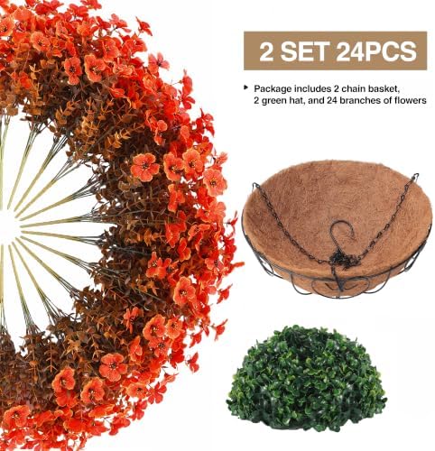 2 Set Artificial Fake Mums Fall Flowers Plants with Hanging Basket for Outdoors Autumn Decoration,Faux Mum Plastic Flowers Outside,UV Resistant 24pcs Daisy for Planter Patio Porch Home Decor (Orange) - Image 3
